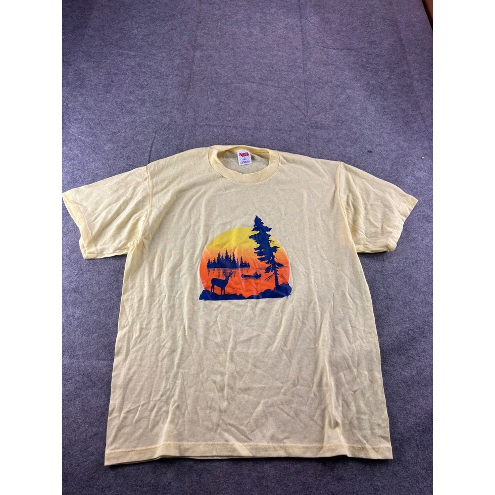 Vintage Sports Wear Single Stitch Graphic T-Shirt Yellow Deer Sunset USA Large